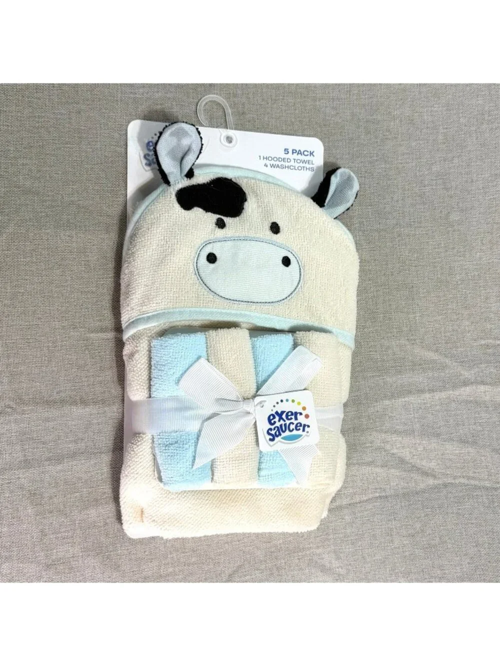 Baby Cow Hooded Towel & Washcloth Set - Cream and Light Blue